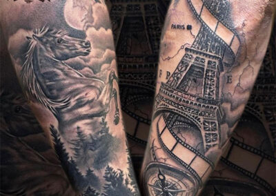 Tatuadores realismo Madrid de caballo y torre eiffel