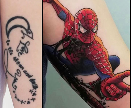 Cover tattoo que transforma un tatuaje de una frase en un tatuaje de Spiderman | tatuaje Cover | Estilos de tatuaje | Cornelius Tattoo