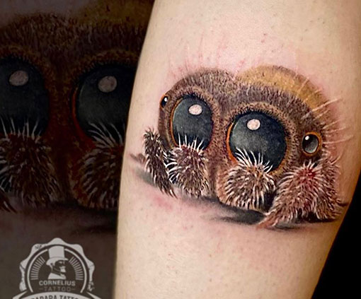 Tatuaje con estilo new school de una araña de ojos simpáticos en un brazo | tatuaje New School | Estilos de tatuaje | Cornelius Tattoo