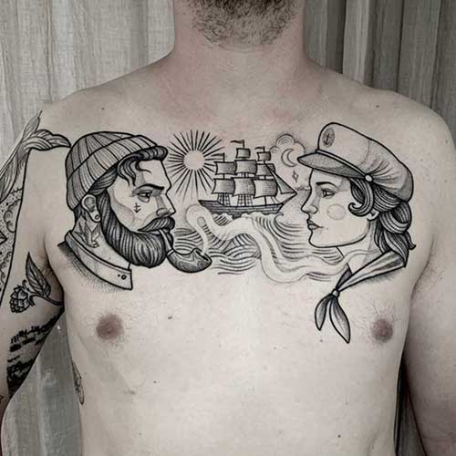Tatuaje con motivos marineros | tatuajes hombre | Tatuajes en el pecho | Cornelius Tattoo