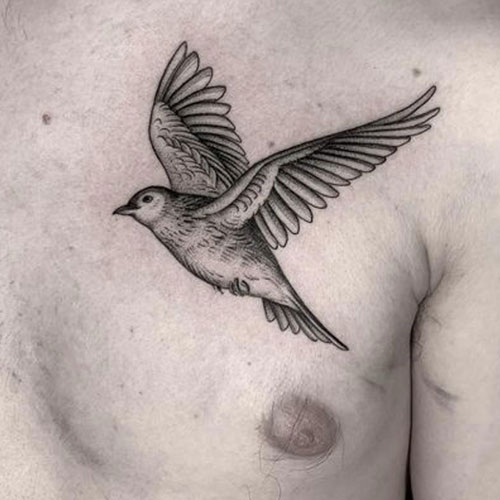 Tatuaje en el pecho para hombre de un pájaro volando | Tatuadoras Madrid | Tatuaje en el pecho | Tatuajes en Madrid | Cornelius Tattoo